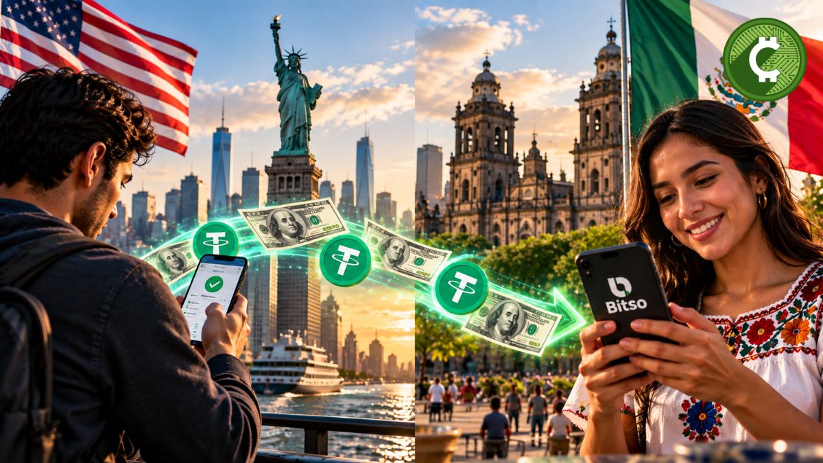 Remesas de Estados Unidos a México procesadas con stablecoins a través de Bitso.