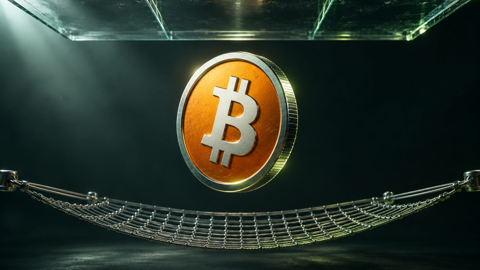Moneda de bitcoin flotando entre un techo de vidrio y una red de seguridad