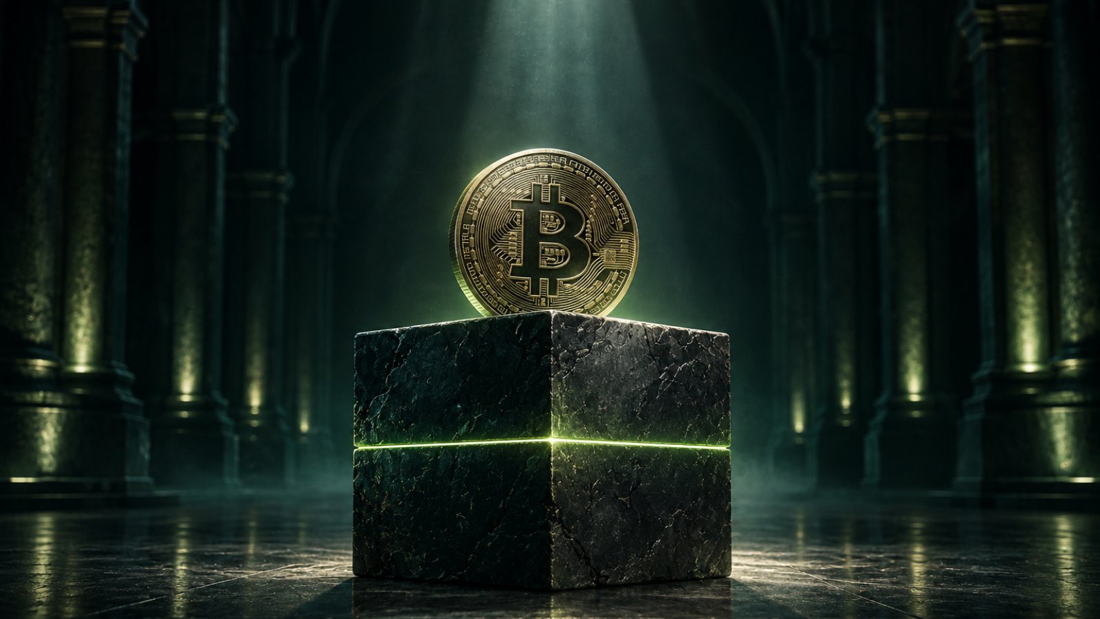 Bloque de piedra iluminado con una moneda de bitcoin encima, símbolo del bloque 666.666 de Bitcoin