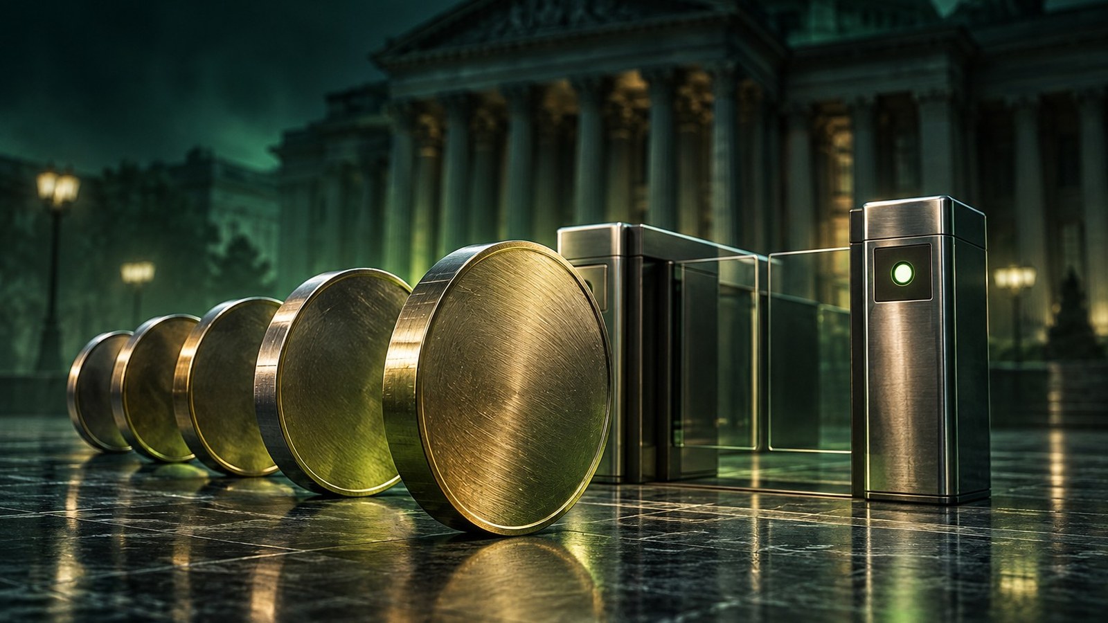 Fila de monedas metálicas frente a un torniquete de acceso con luz verde, con las columnas de un banco central al fondo