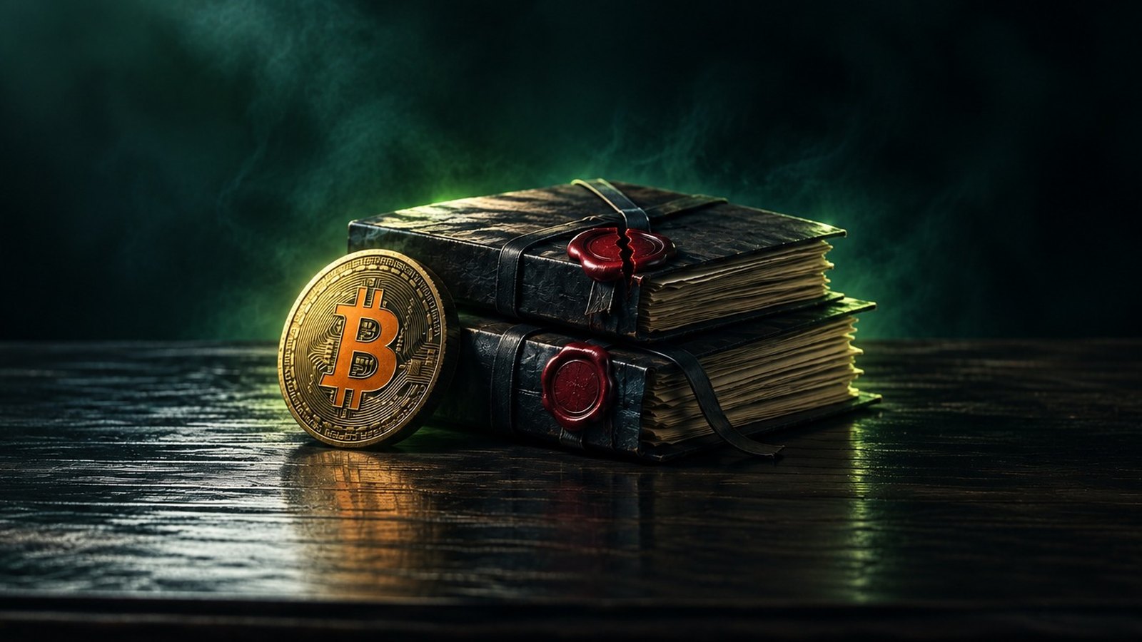 Dos carpetas de expedientes atadas con cinta y sellos de lacre, uno roto, junto a una moneda de bitcoin