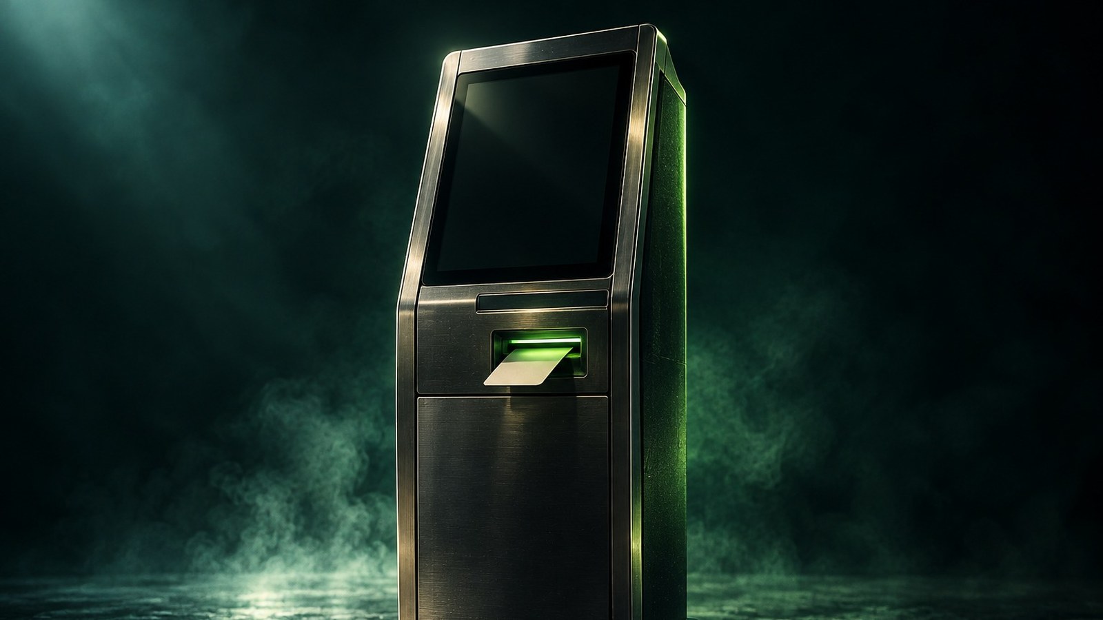 Cajero de criptomonedas con una tarjeta de identificación insertada en el lector iluminado
