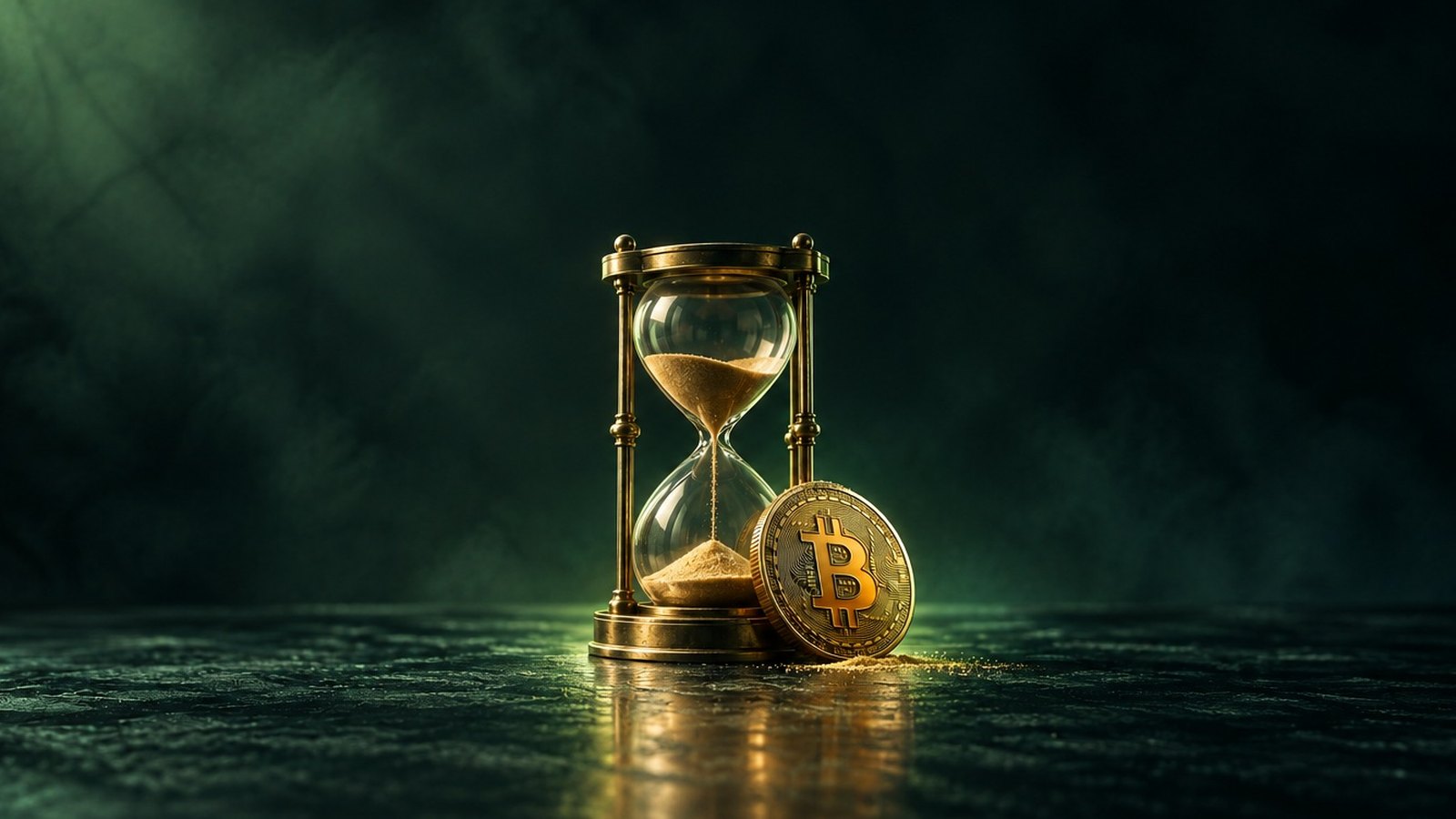 Un reloj de arena de latón junto a una moneda de bitcoin, metáfora de los plazos fiscales y regulatorios para las criptomonedas en España
