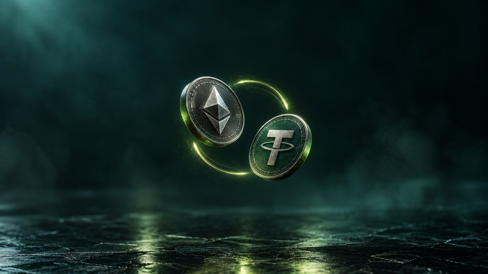 Dos monedas de Ethereum y Tether que intercambian su lugar en un arco de luz verde, símbolo de la permuta entre criptomonedas