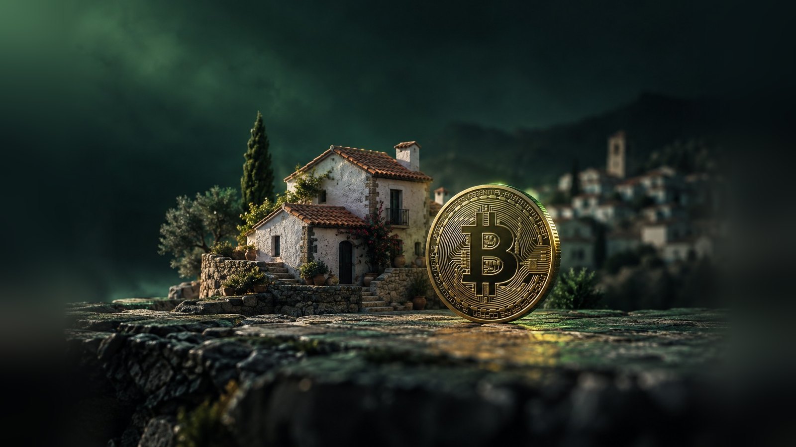 Una maqueta de una casa rural blanca con tejado de teja junto a una moneda de bitcoin sobre una superficie de piedra