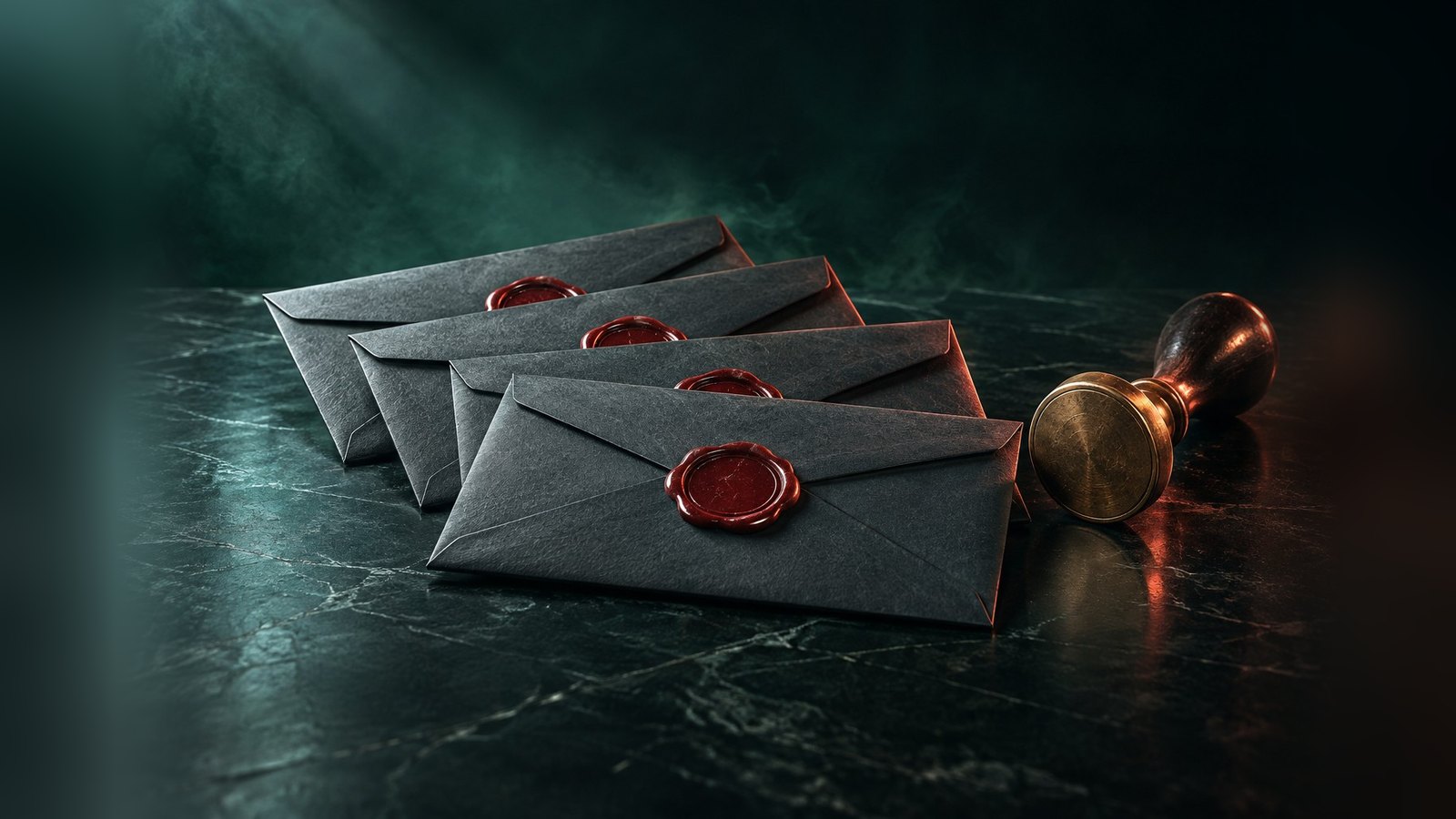 Cuatro sobres sellados con lacre rojo y un sello de latón sobre una mesa de piedra oscura