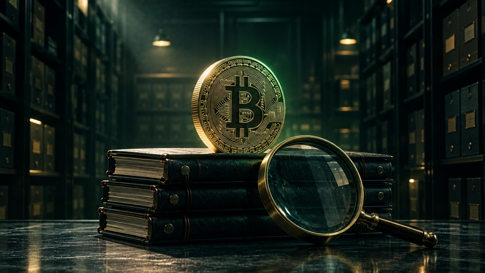 Moneda de bitcoin sobre una pila de carpetas con una lupa, en un archivo oscuro