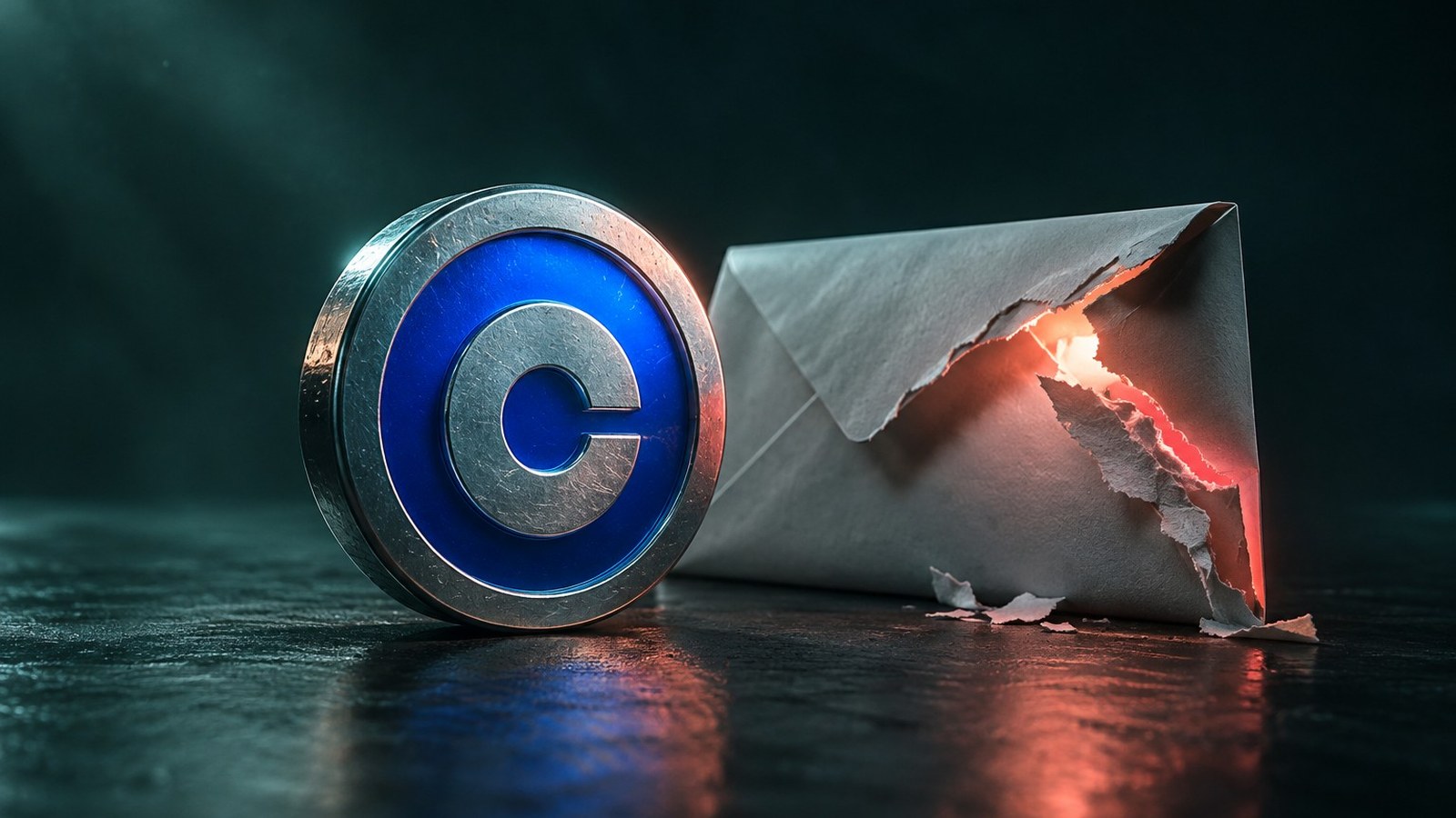 Moneda con el logo de Coinbase junto a un sobre rasgado del que sale una luz coral