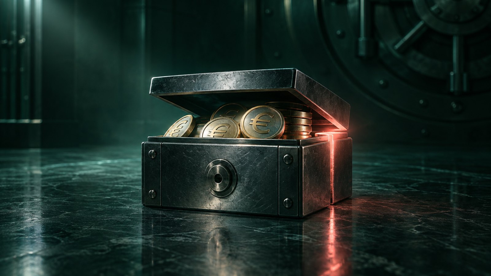 Caja de seguridad de acero con monedas de euro y una grieta iluminada, símbolo de las fallas de salvaguarda de fondos