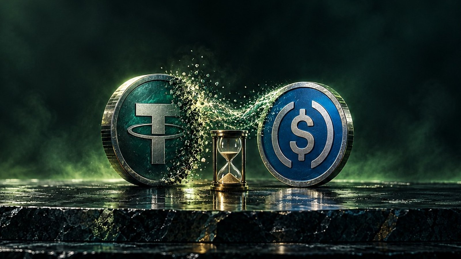 Una moneda de USDT que se deshace en partículas hacia una moneda de USDC, con un reloj de arena casi vacío entre ambas