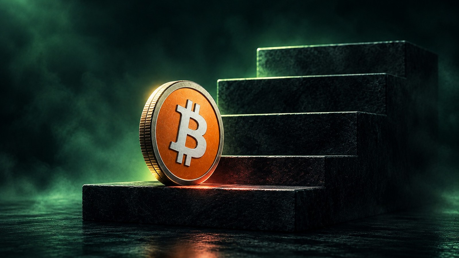 Moneda de bitcoin apoyada en el escalón más bajo de una escalera de piedra