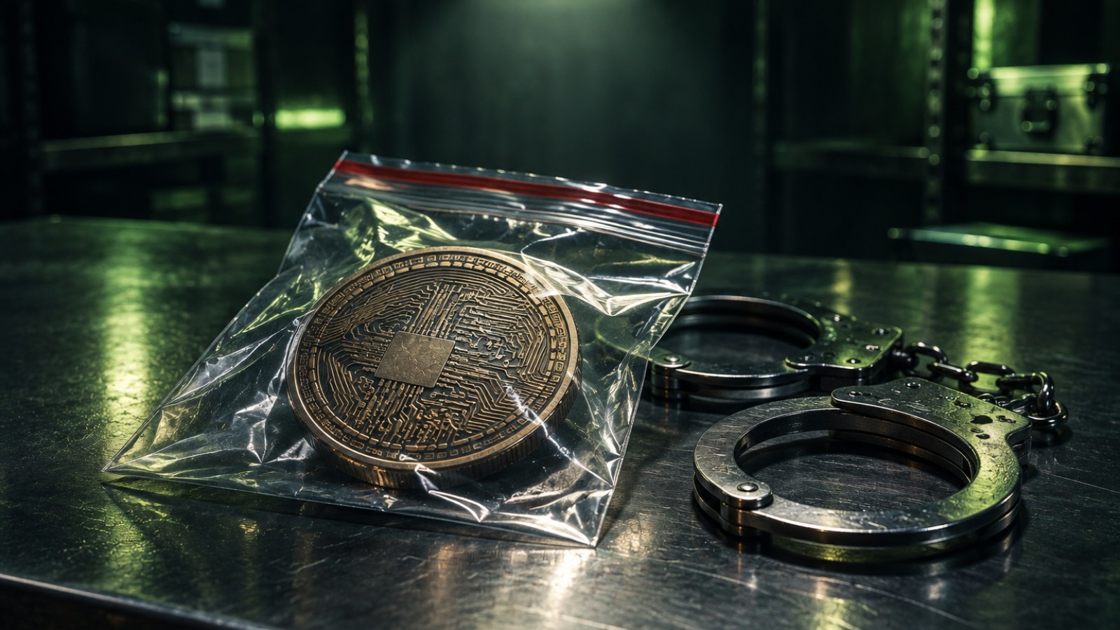 Moneda dentro de una bolsa de evidencia junto a unas esposas sobre una mesa de acero