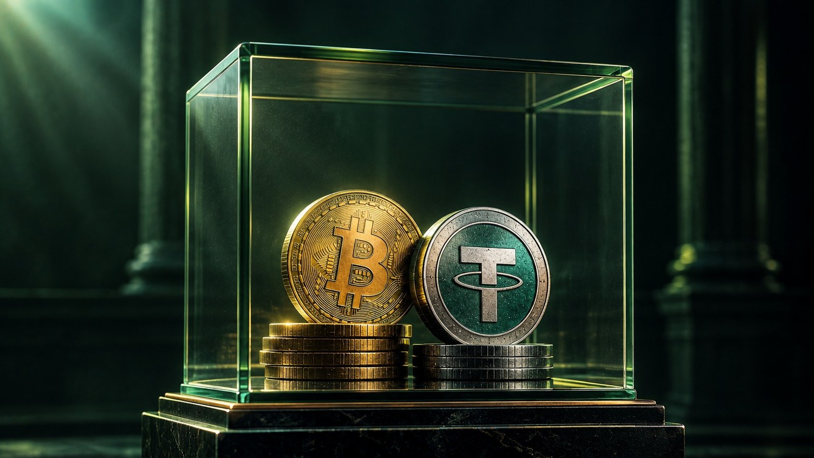 Monedas de bitcoin y USDT protegidas dentro de una vitrina de vidrio, símbolo de un registro que proteja los saldos