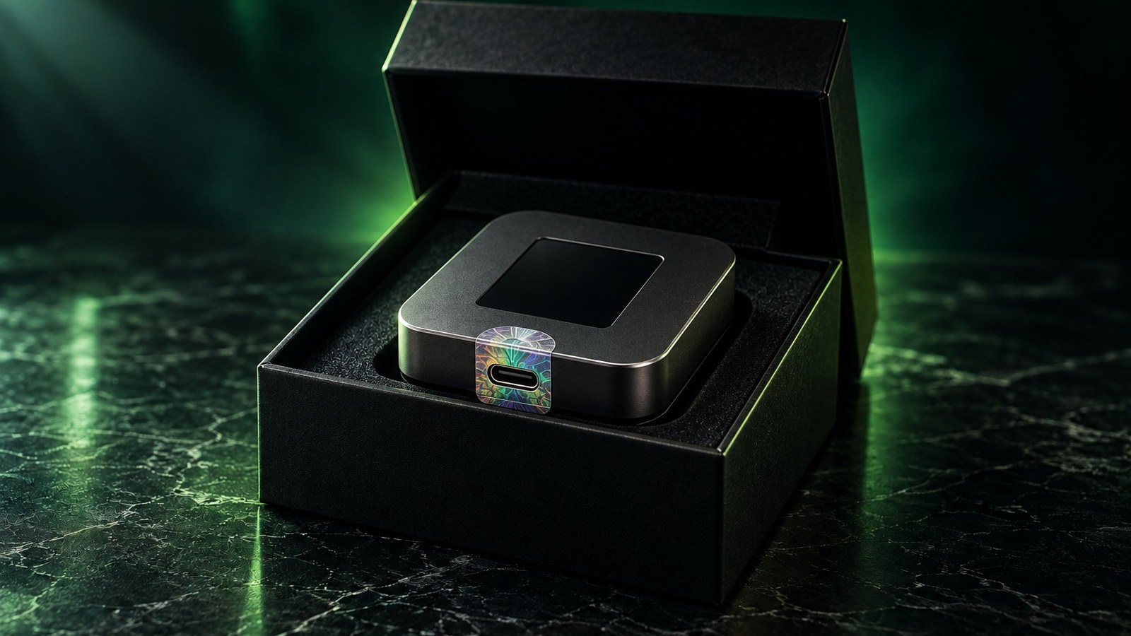 Billetera física genérica en su caja con un sello holográfico de seguridad sobre el puerto USB-C