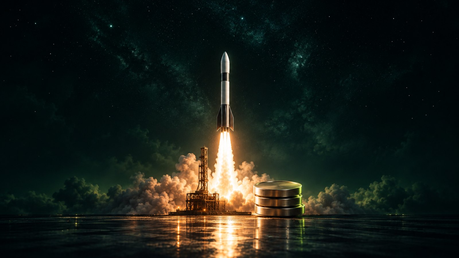 Cohete despegando de noche junto a una pila de monedas metálicas, como acciones tokenizadas