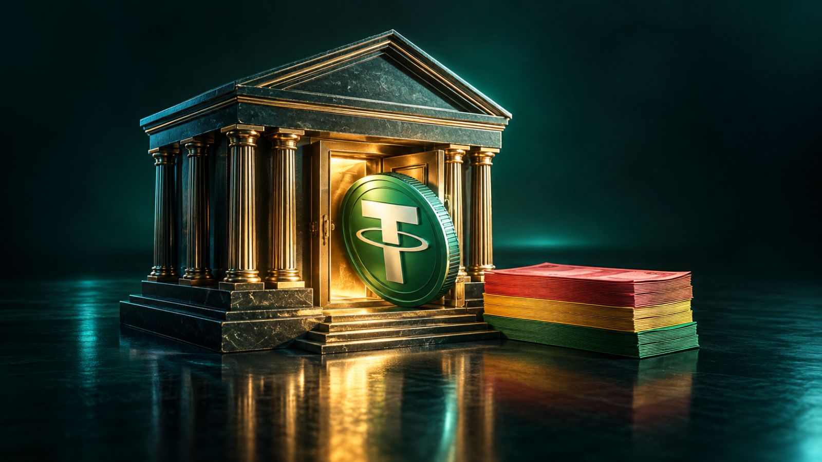 Edificio de banco clásico con una moneda de USDT en la puerta y billetes en rojo, amarillo y verde