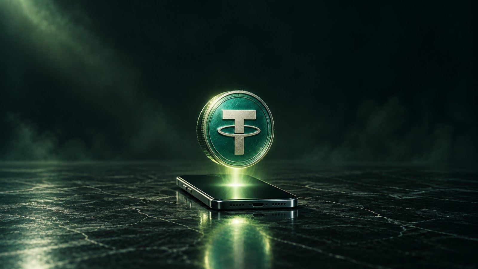 Moneda de USDT que flota sobre un celular con un haz de luz verde, como un pago móvil que se convierte en dólar digital
