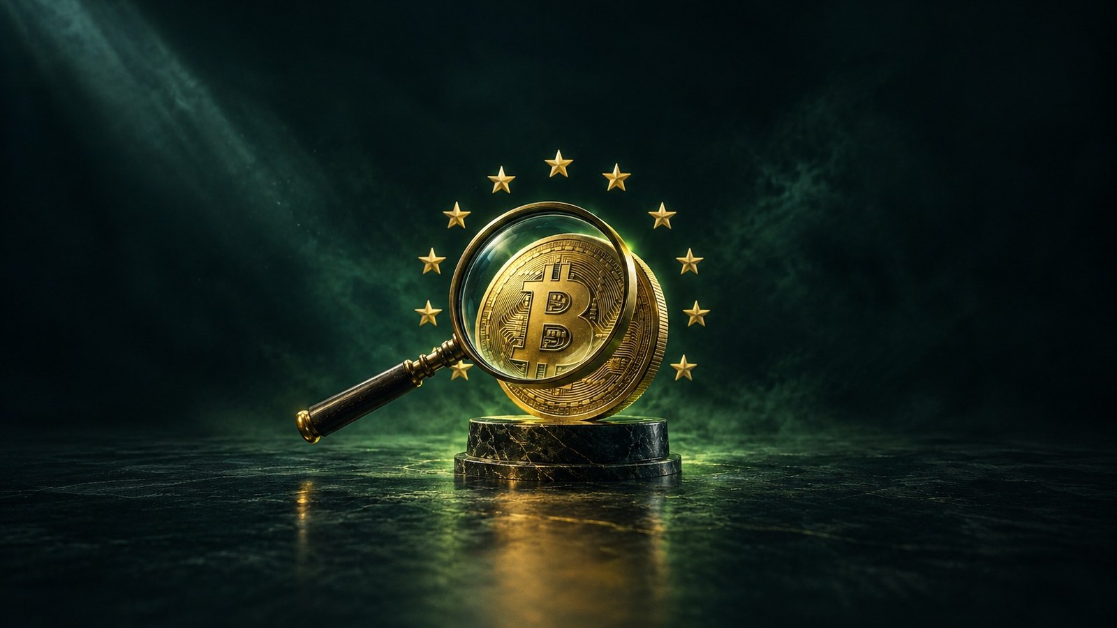 Una lupa de latón examina una moneda de bitcoin sobre un pedestal, con un círculo de doce estrellas doradas detrás