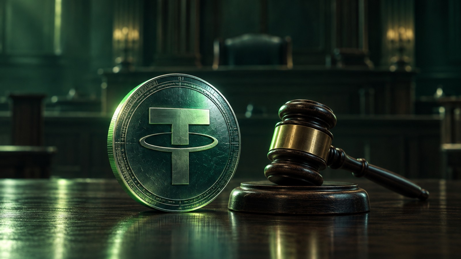 Moneda de USDT junto a un mazo de juez en una sala de audiencias