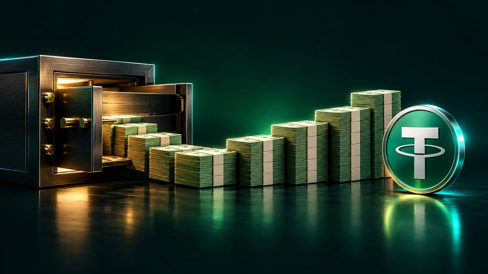 Caja fuerte abierta de la que salen fajos de dólares en escalera hasta una moneda de USDT