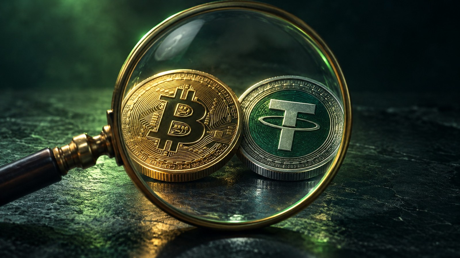 Una lupa de bronce sobre una moneda de bitcoin y otra de USDT