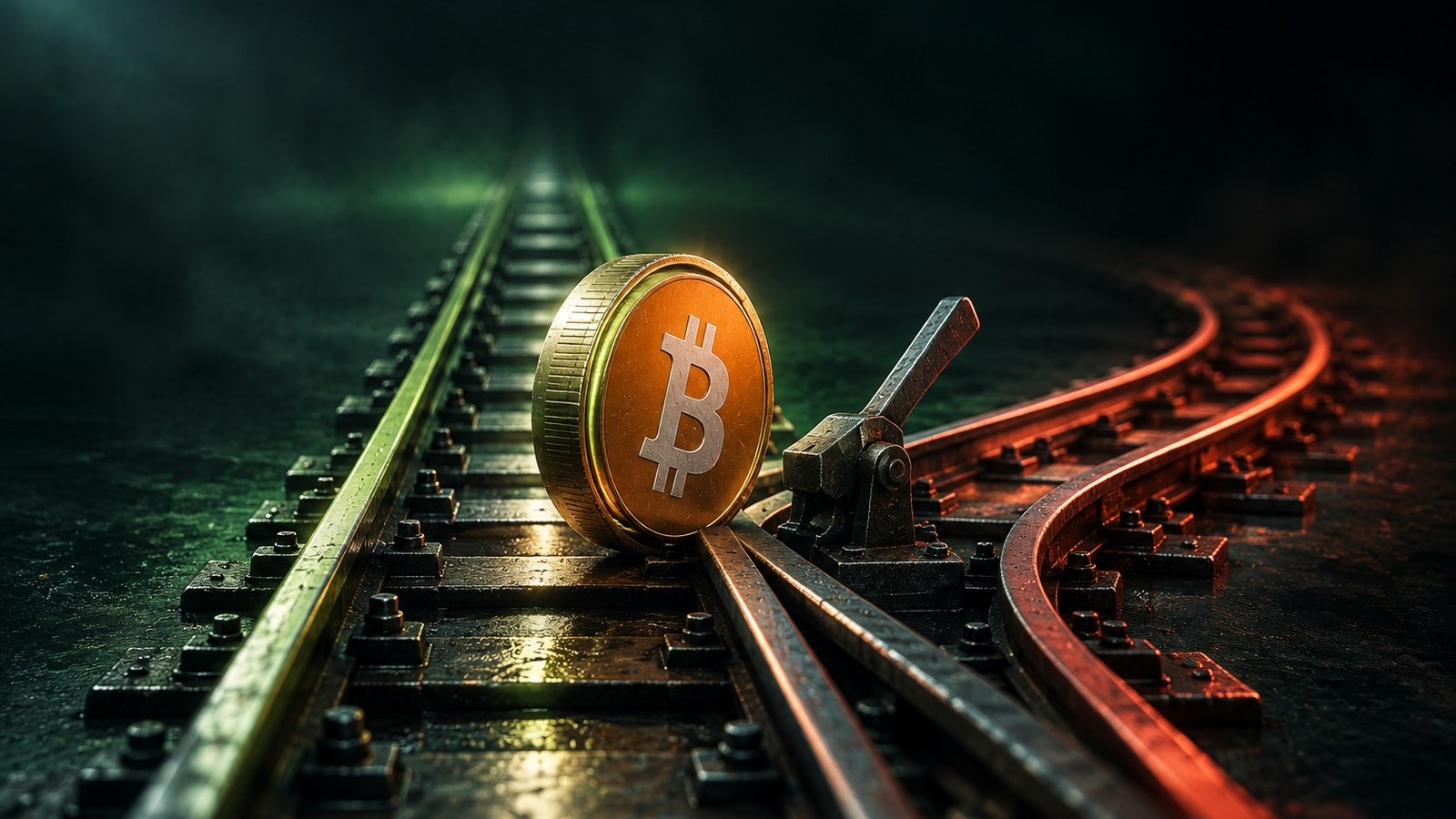 Moneda de bitcoin sobre una vía férrea cuyo cambio de agujas la desvía hacia un ramal iluminado en coral