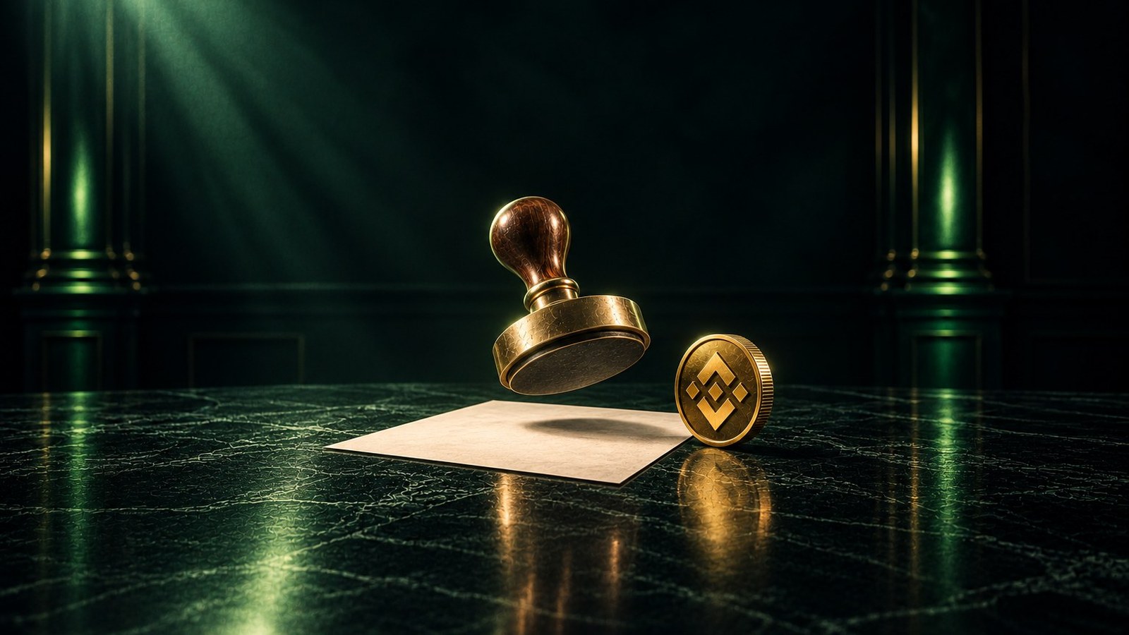 Un sello oficial de bronce sin estampar sobre un papel en blanco, junto a una moneda con el emblema de Binance