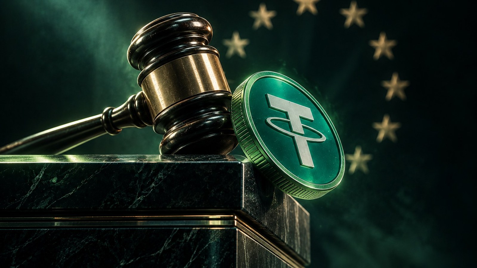 Mazo de juez empujando una moneda de Tether al borde de un pedestal de mármol, con un círculo de estrellas al fondo