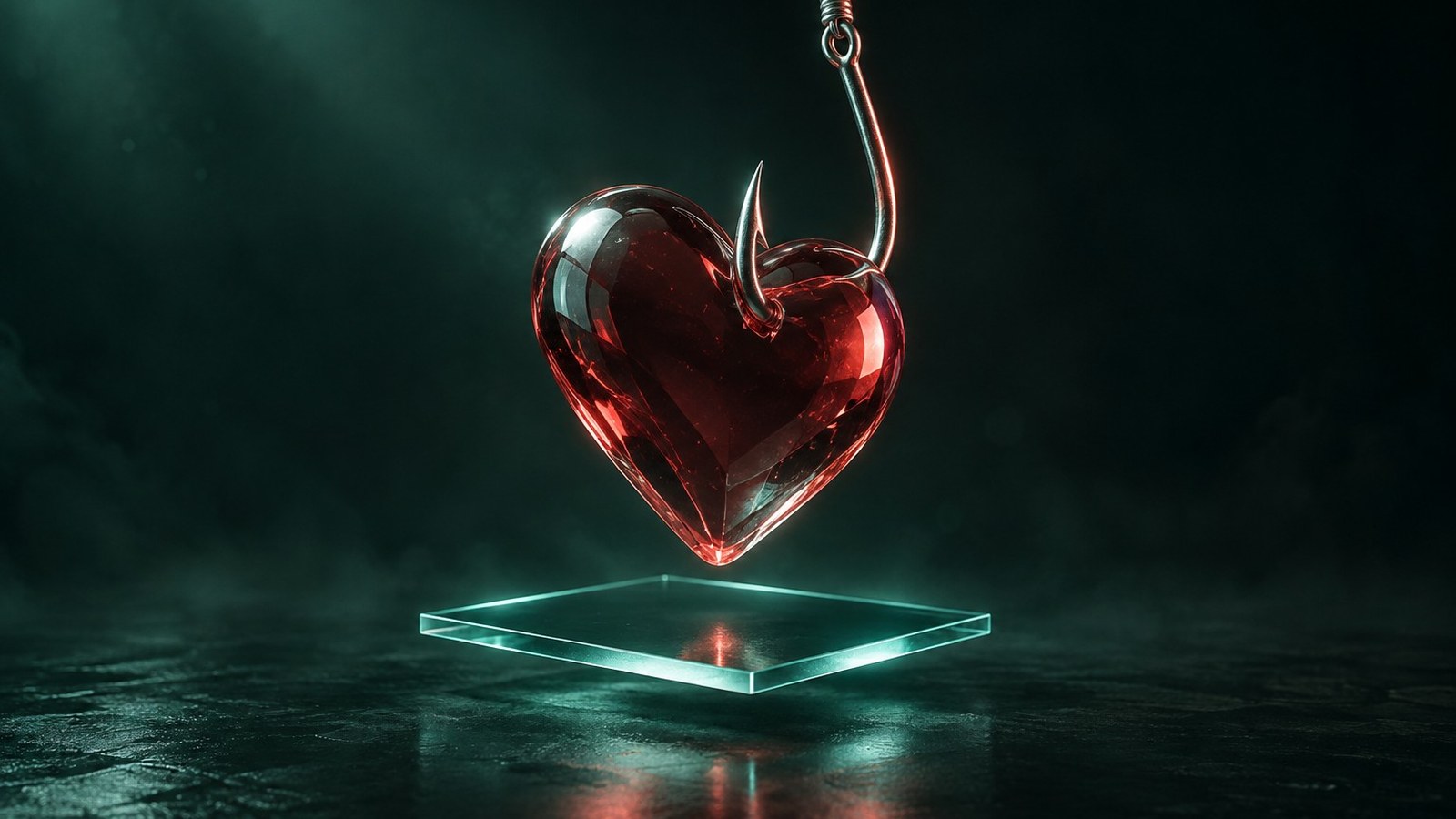 Corazón de cristal rojo atravesado por un anzuelo, metáfora de una estafa romántica