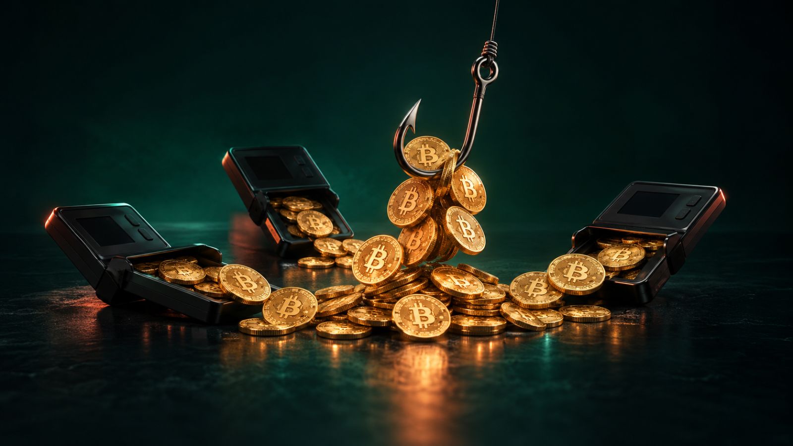 Tres billeteras físicas abiertas y un anzuelo que saca monedas de bitcoin hacia un solo montón