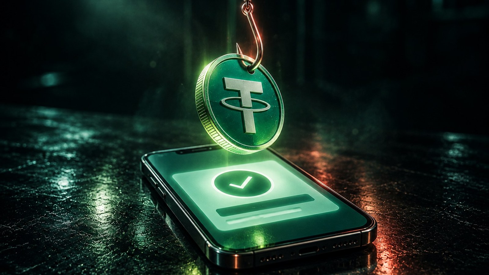 Anzuelo que levanta una moneda de Tether sobre un teléfono con una confirmación de pago