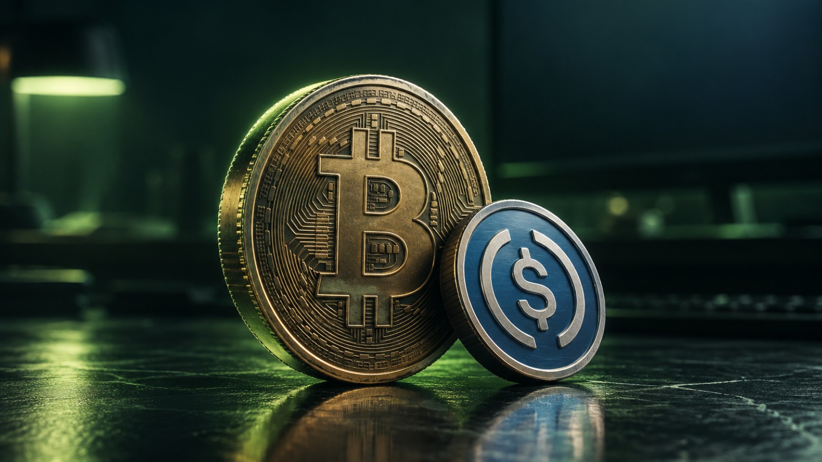 Moneda de bitcoin con una moneda de USDC apoyada en su base
