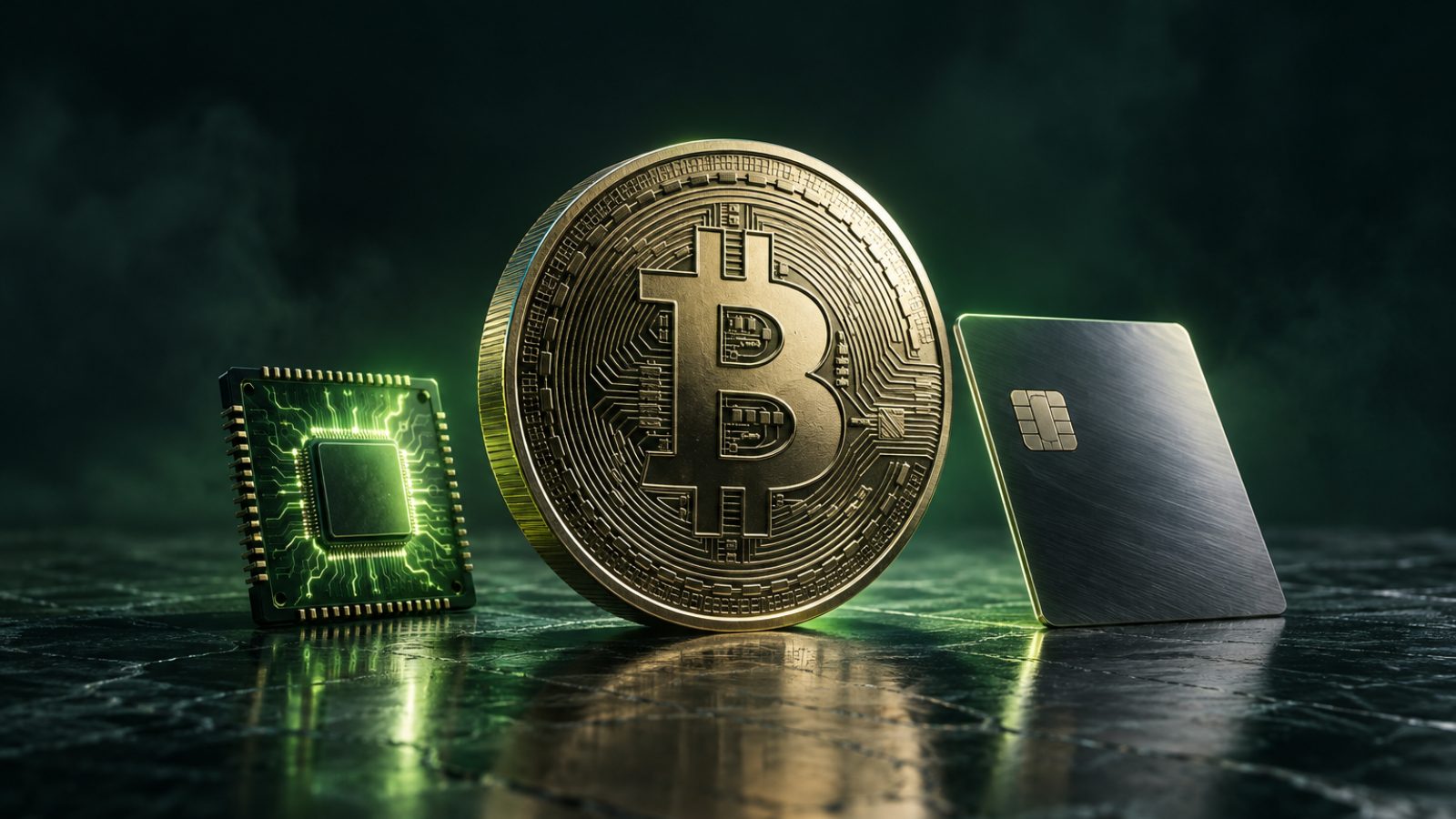 Moneda de bitcoin junto a un chip de IA y una tarjeta de pago: resumen cripto del 21 de octubre