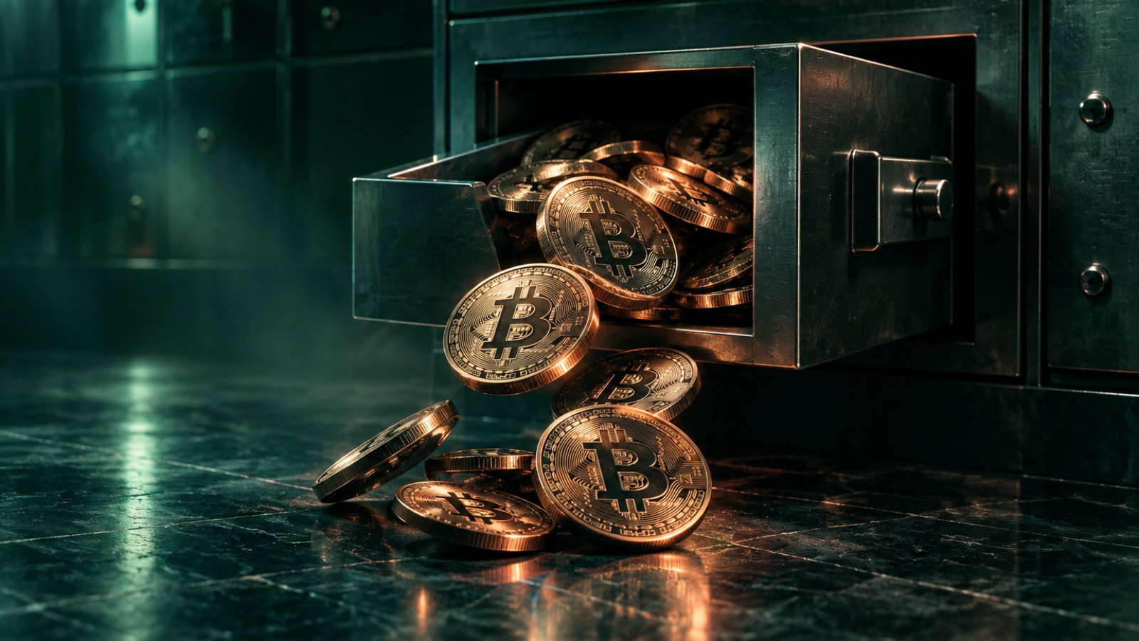 Monedas de bitcoin que caen de un cajón de bóveda abierto, símbolo de las salidas de los ETF de bitcoin