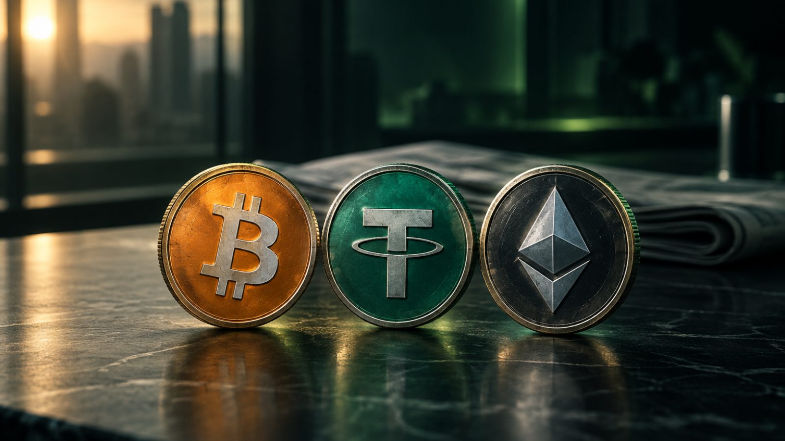 Monedas de bitcoin, USDT y ether en fila sobre un escritorio