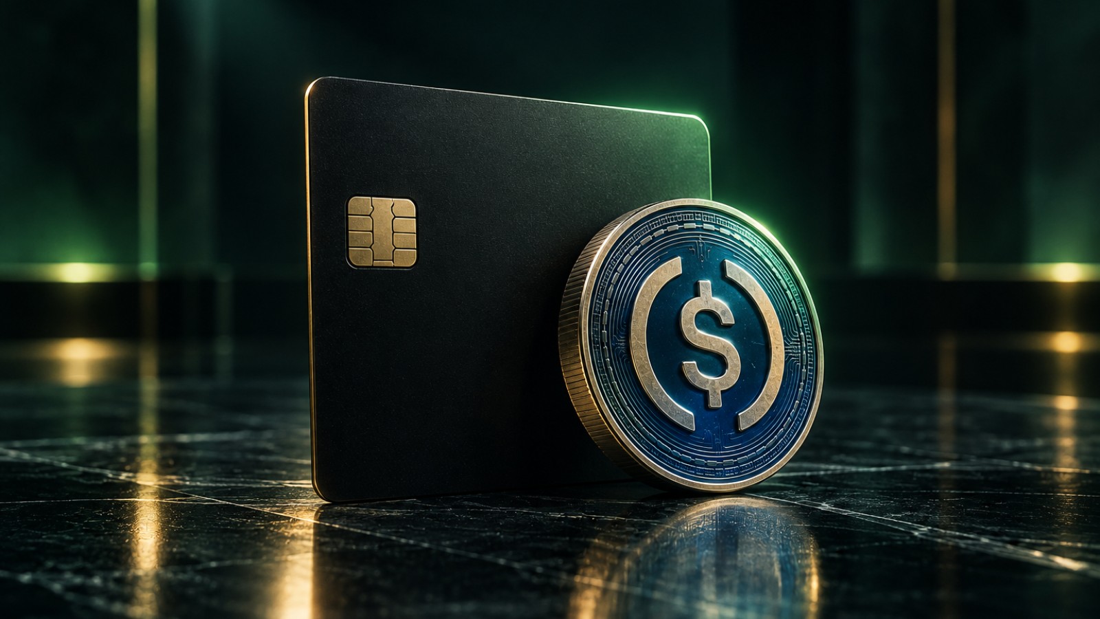 Tarjeta de pago negra con chip junto a una moneda de USDC