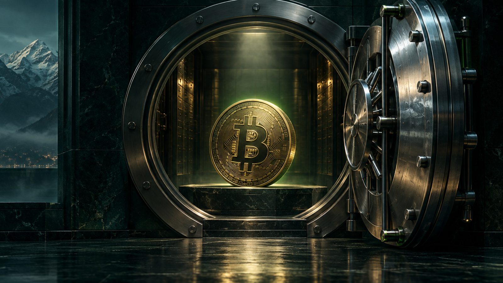 Moneda de bitcoin dentro de la bóveda abierta de un banco suizo: la FINMA aprueba el primer ETF de bitcoin para minoristas