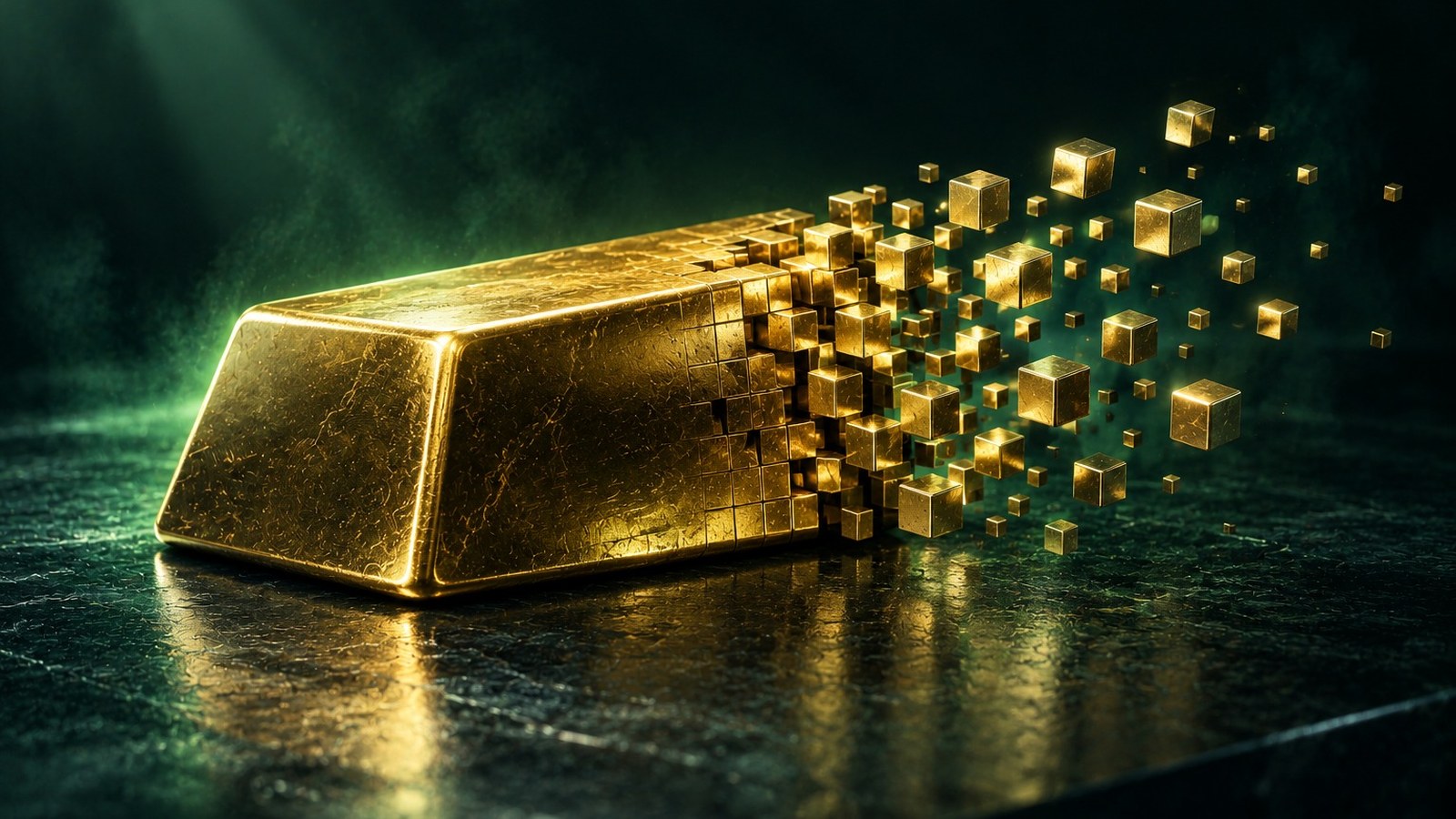 Lingote de oro que se descompone en pequeños cubos metálicos, símbolo de la tokenización de activos