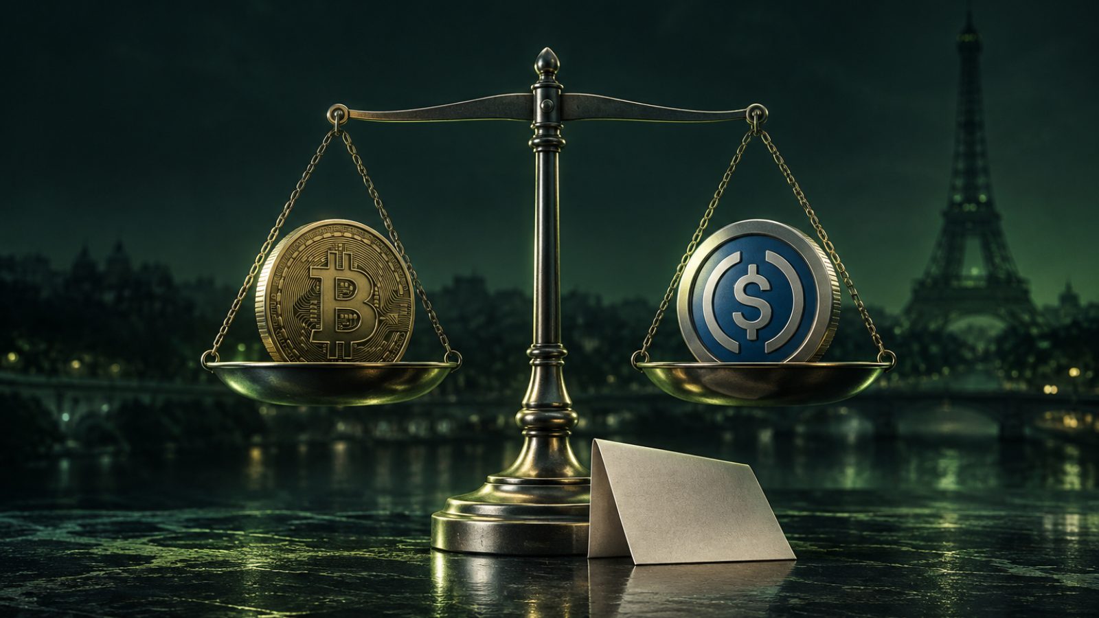 Balanza con una moneda de bitcoin y otra de USDC frente a la Torre Eiffel: Francia quiere gravar el cambio a stablecoins