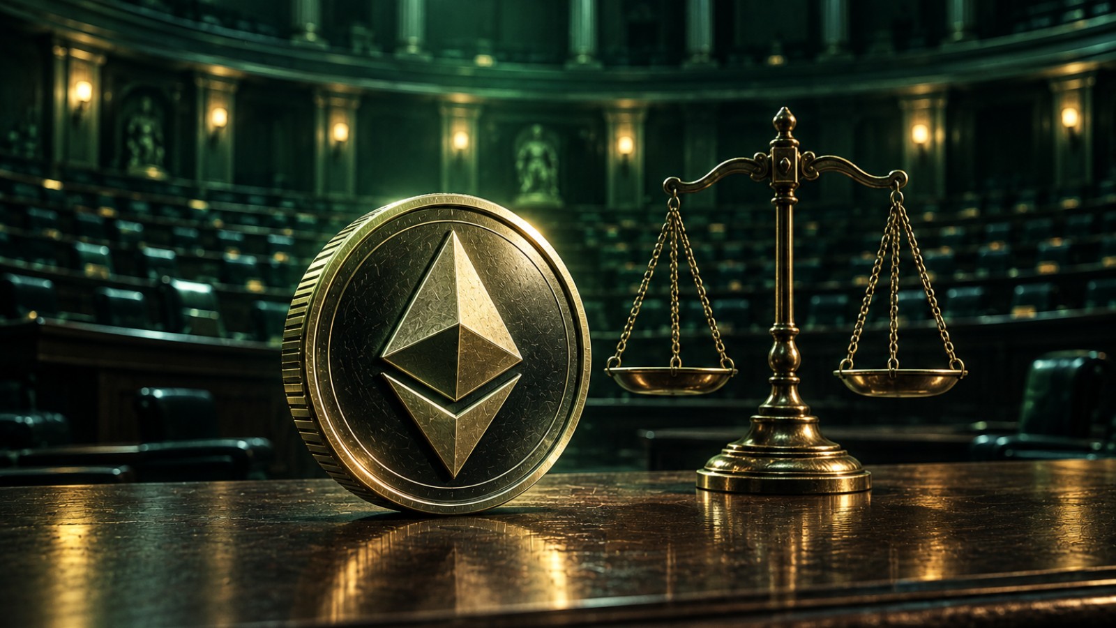 Moneda de ether junto a una balanza en un hemiciclo parlamentario