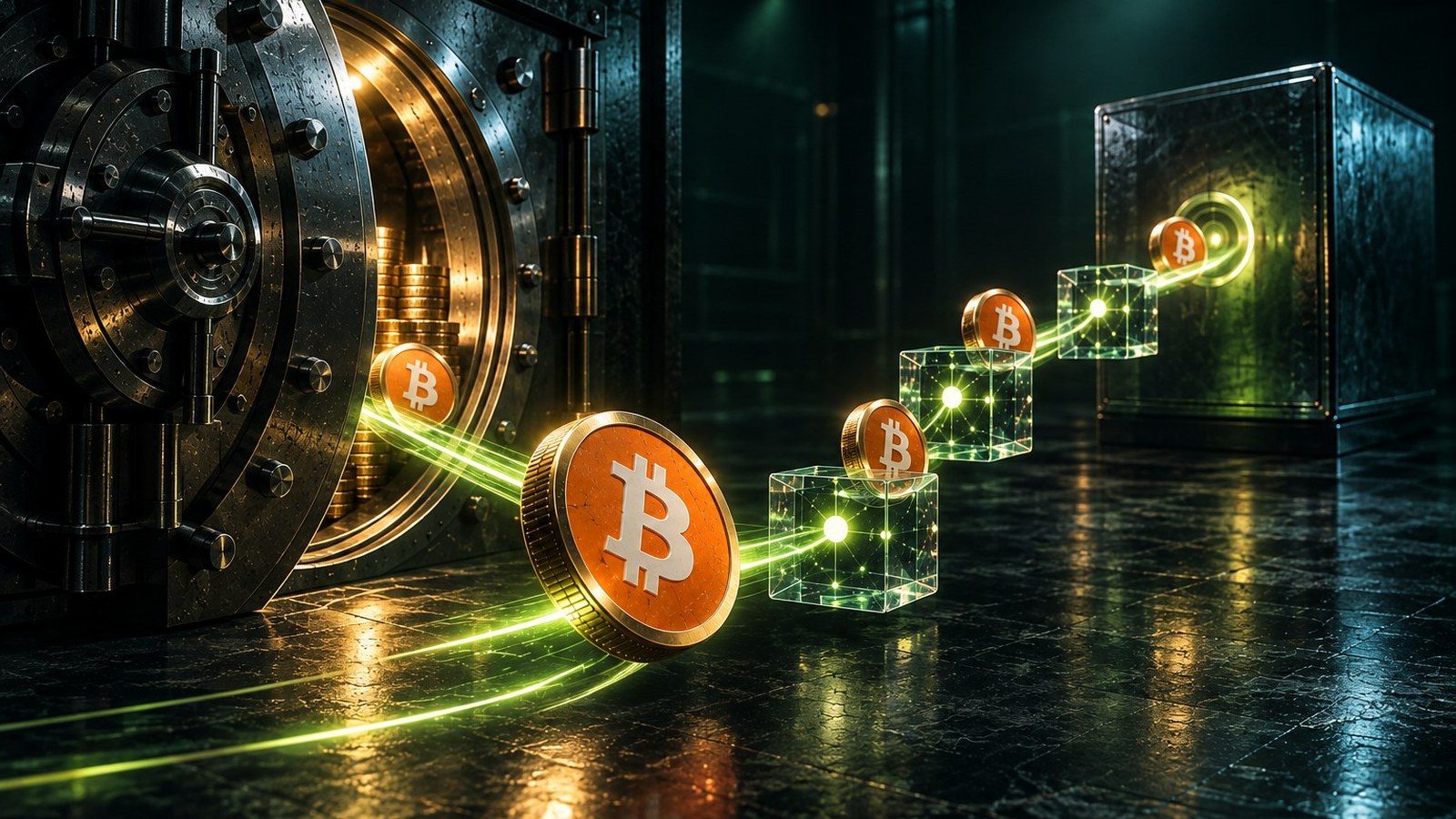 Monedas de bitcoin saliendo de una bóveda y recorriendo un camino de luz entre cubos de vidrio hasta un gran bloque oscuro