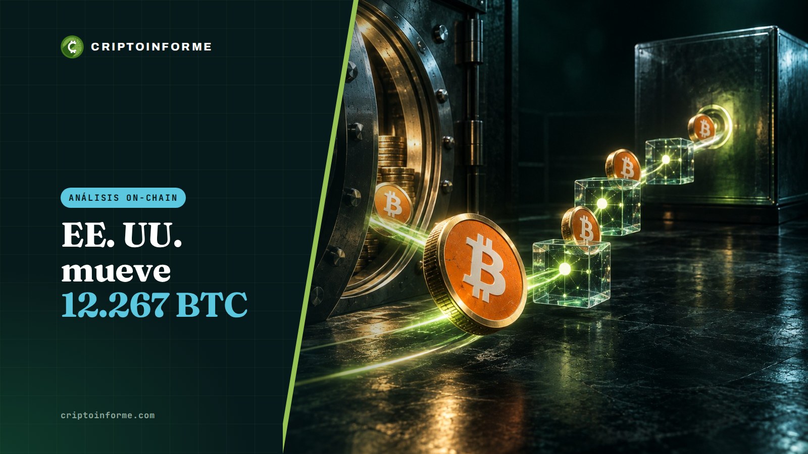 Monedas de bitcoin saliendo de una bóveda y recorriendo un camino de luz entre cubos de vidrio hasta un gran bloque oscuro