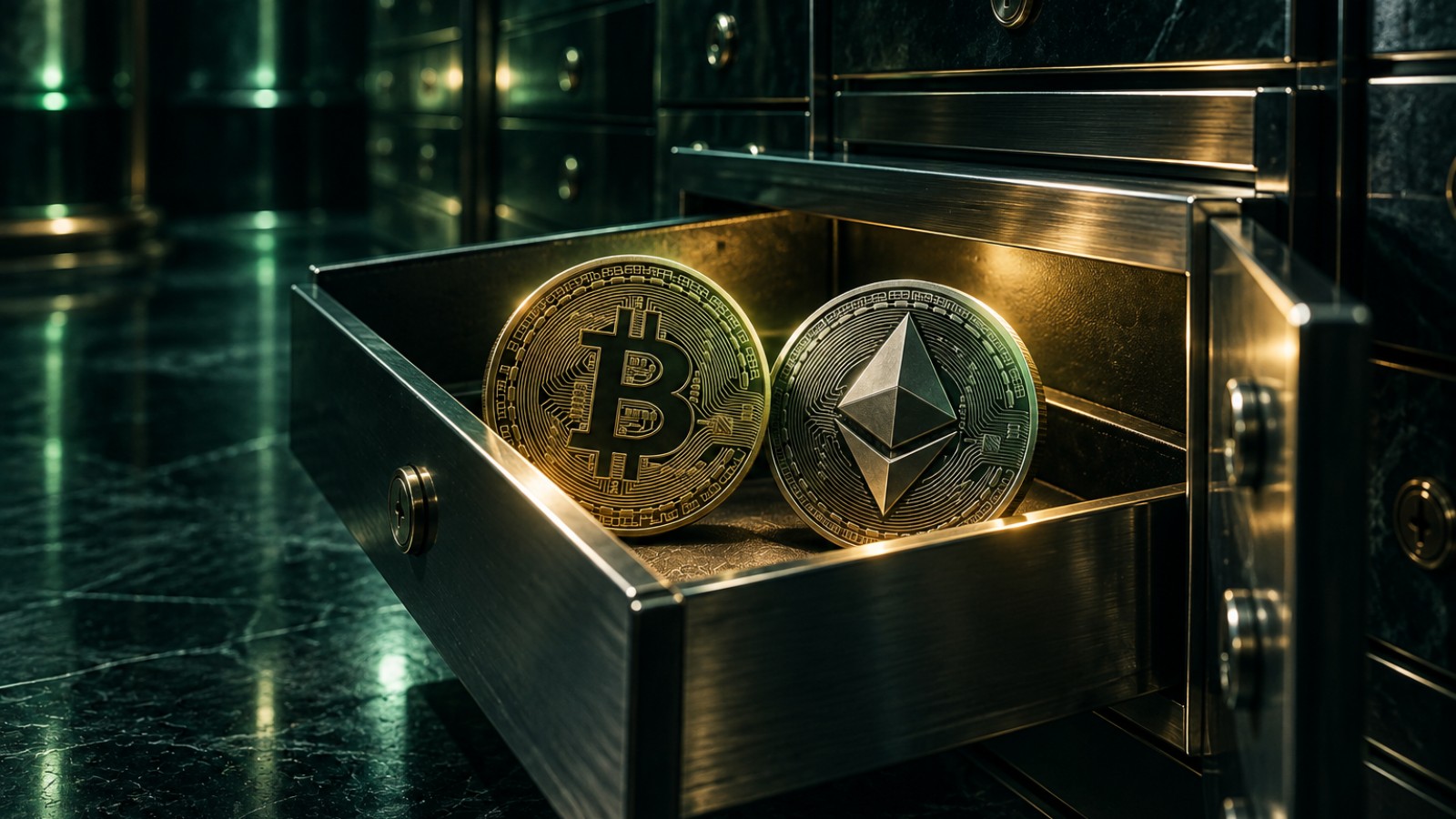Monedas de bitcoin y ether dentro de una bandeja de caja de seguridad abierta