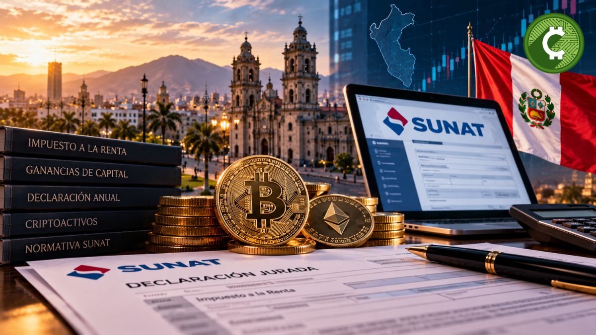 Ilustración conceptual sobre los impuestos a las criptomonedas en Perú y la SUNAT.