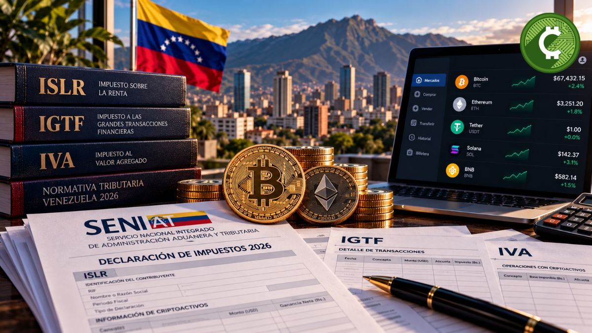 Ilustración conceptual sobre los impuestos a las criptomonedas en Venezuela y el SENIAT