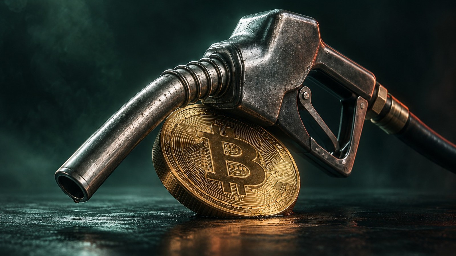 Una moneda de bitcoin dorada aplastada por una pistola de surtidor de gasolina metálica
