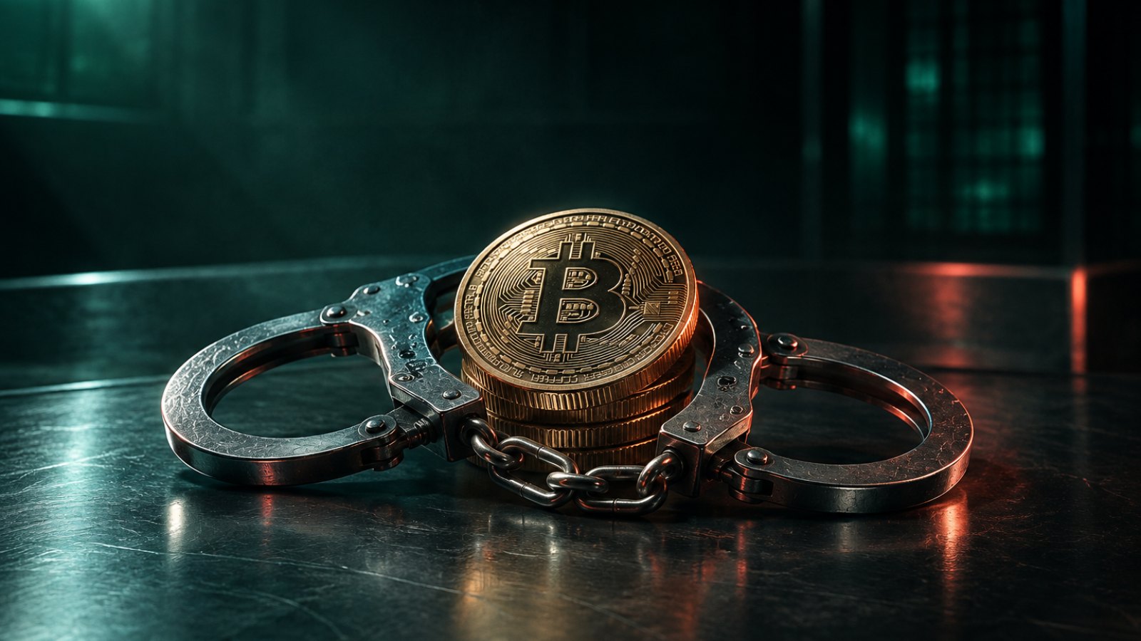 Esposas de acero cerradas alrededor de monedas de bitcoin, símbolo de la operación Serengeti III de Interpol