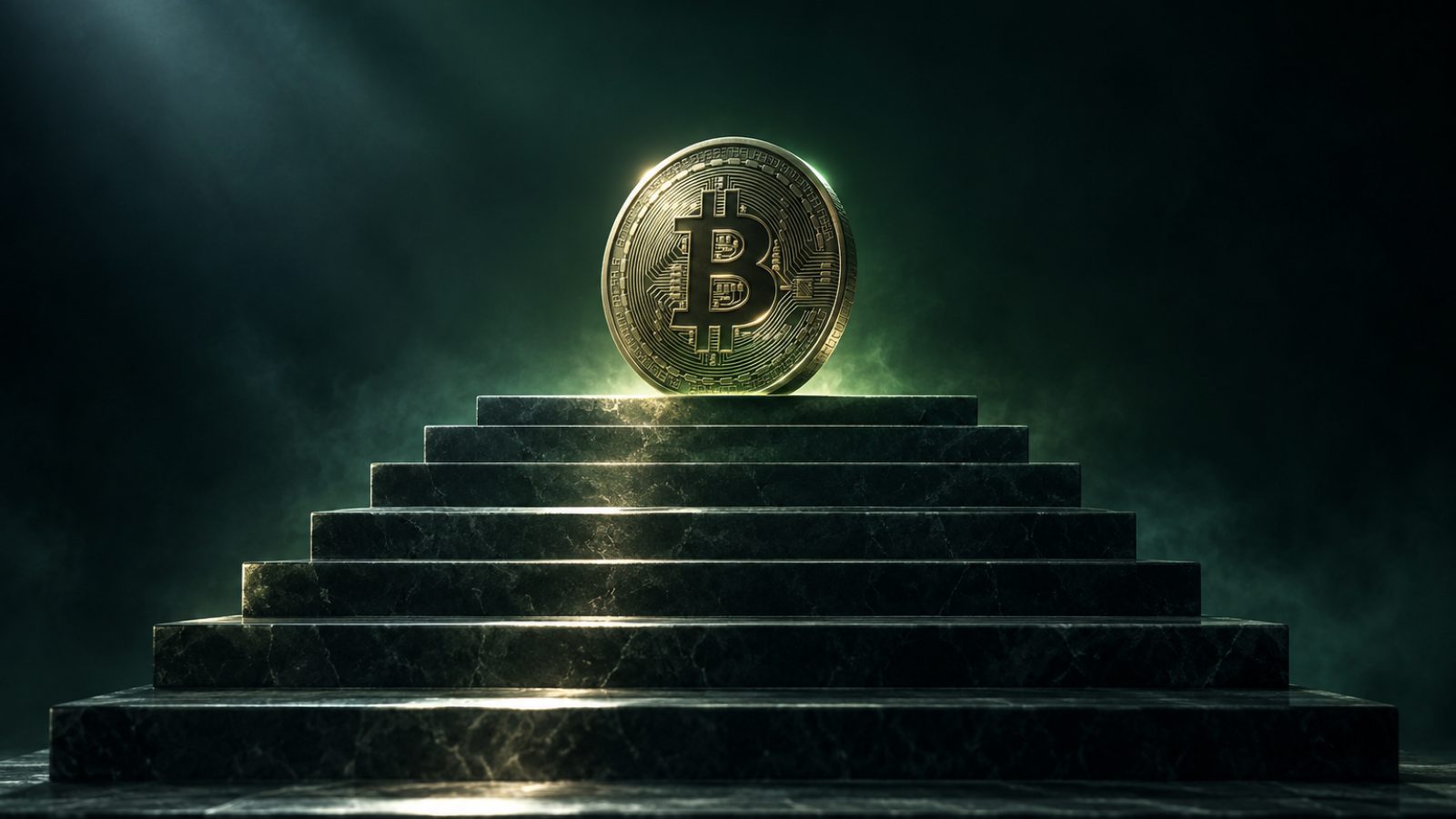 Moneda de bitcoin en lo alto de una escalera de diez peldaños: la proyección de retorno a 10 años de JPMorgan