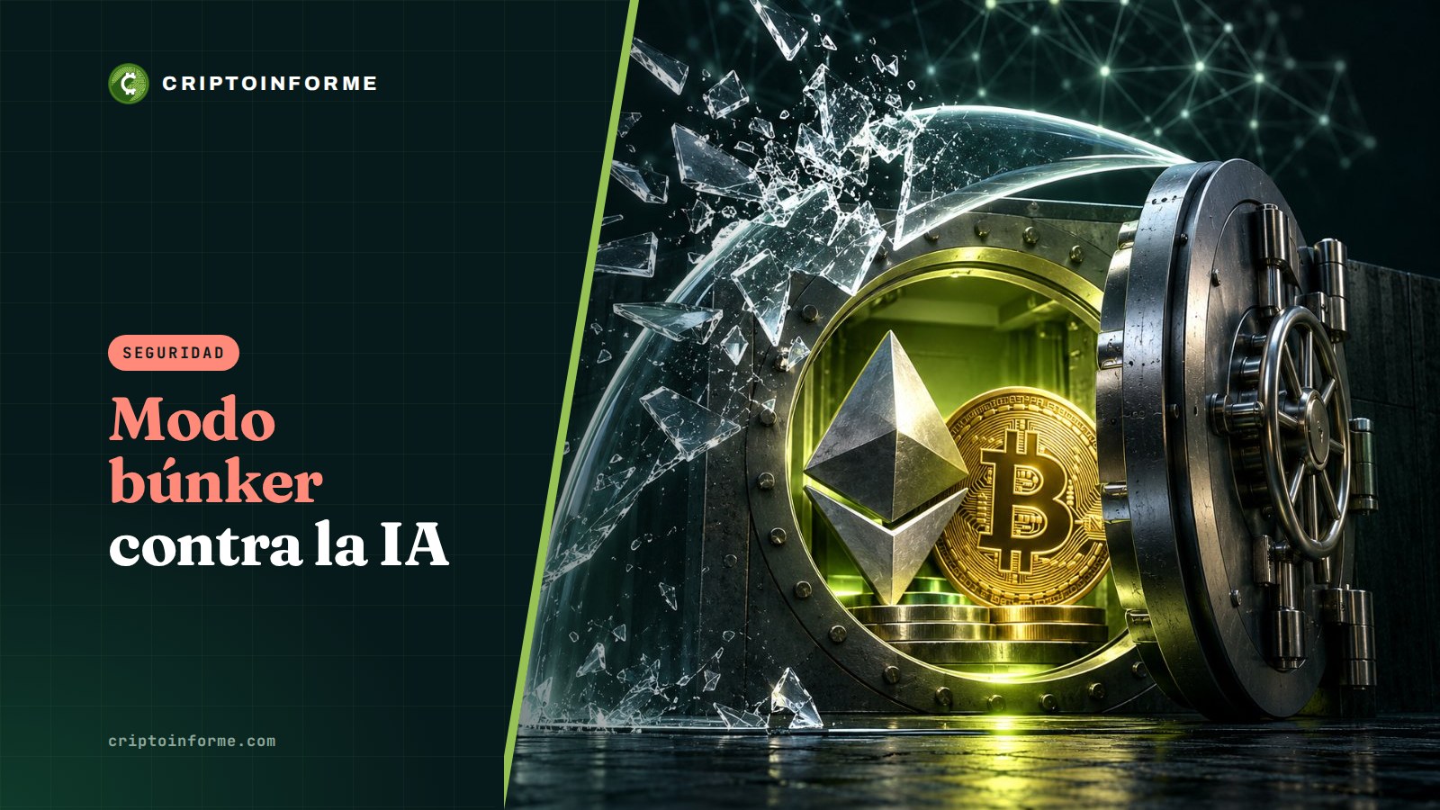Logos de Ethereum y Bitcoin dentro de una bóveda abierta mientras una curva de vidrio se rompe