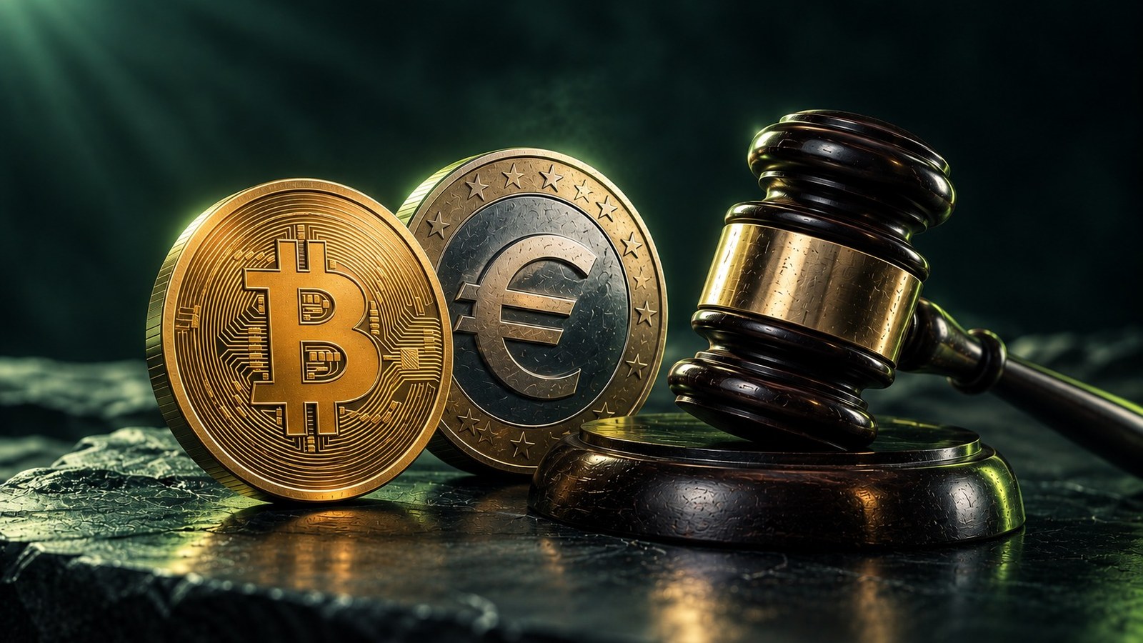 Moneda de bitcoin, moneda de euro y mazo de juez sobre una superficie oscura